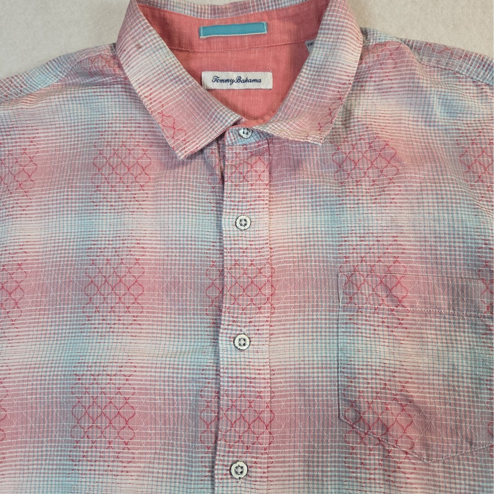 Tommy Bahama 2XB Red/Pink Blue Linen Cotton Short Sleeve Shirt Ravenna Plaid - Picture 2 of 9
